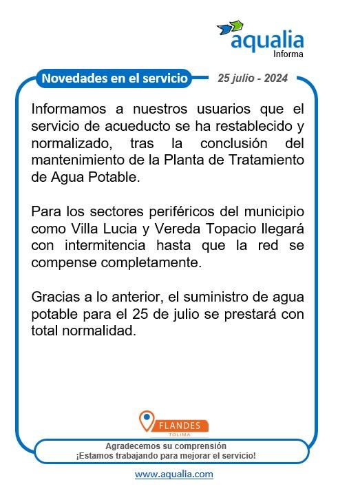 Se restablece la prestación del servicio acueducto en el municipio de Flandes